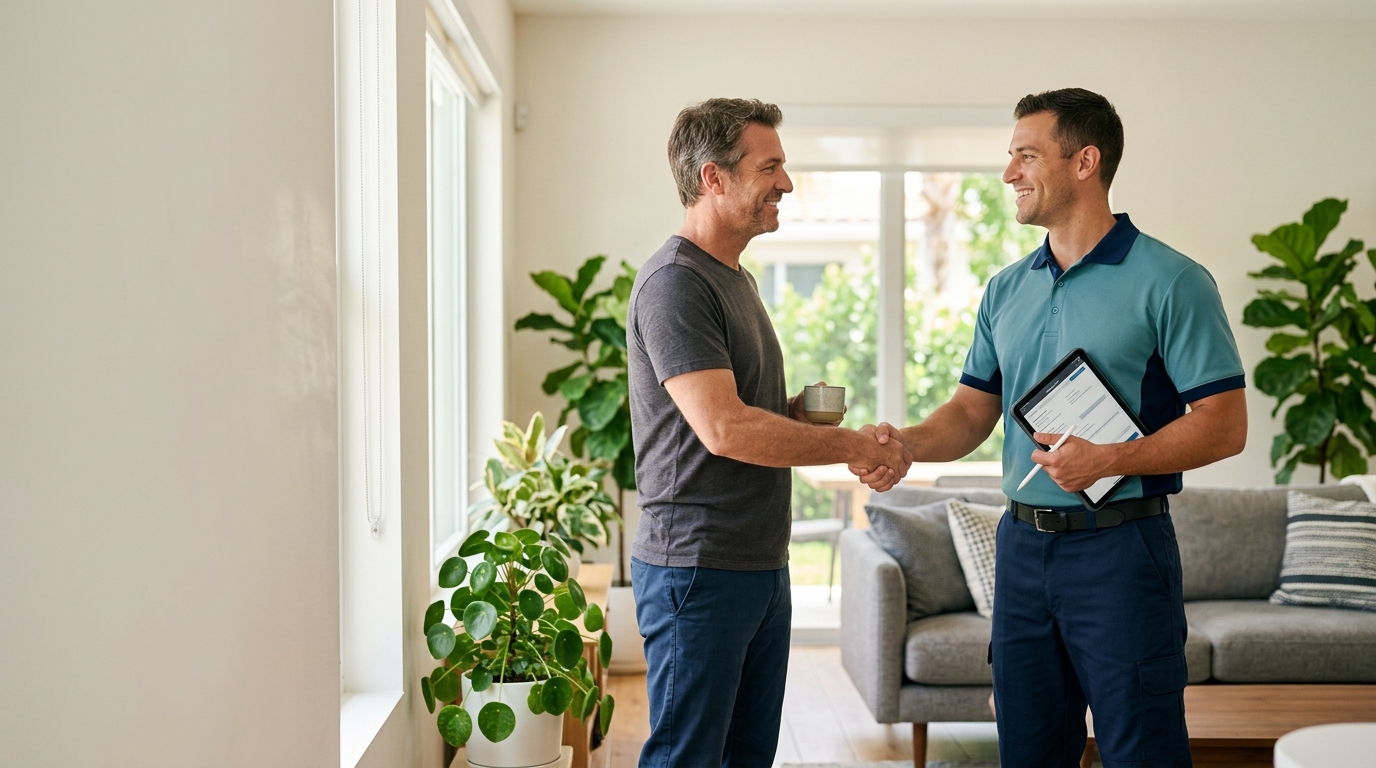 Build Up Repairs technician greeting a relaxed homeowner in a bright, comfortable South Florida home